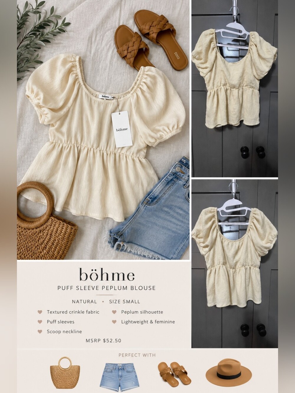 Böhme Textured Puff Sleeve Peplum Blouse Cream Natural Size Small NWT